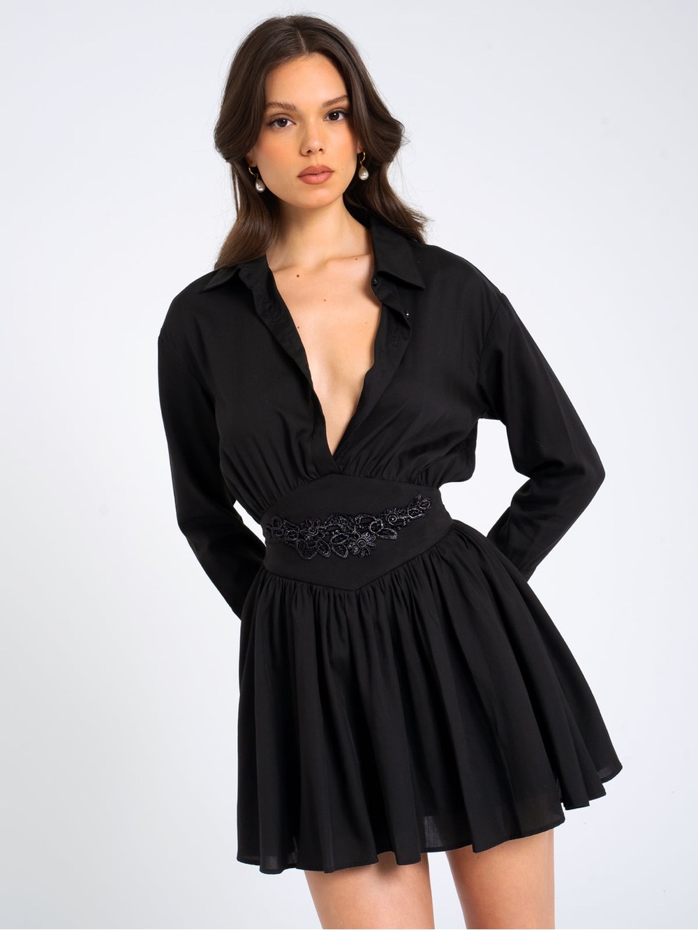 Miss Circle Jamila Black Shirt Mini Dress Corset Waist Embroidered Lace L